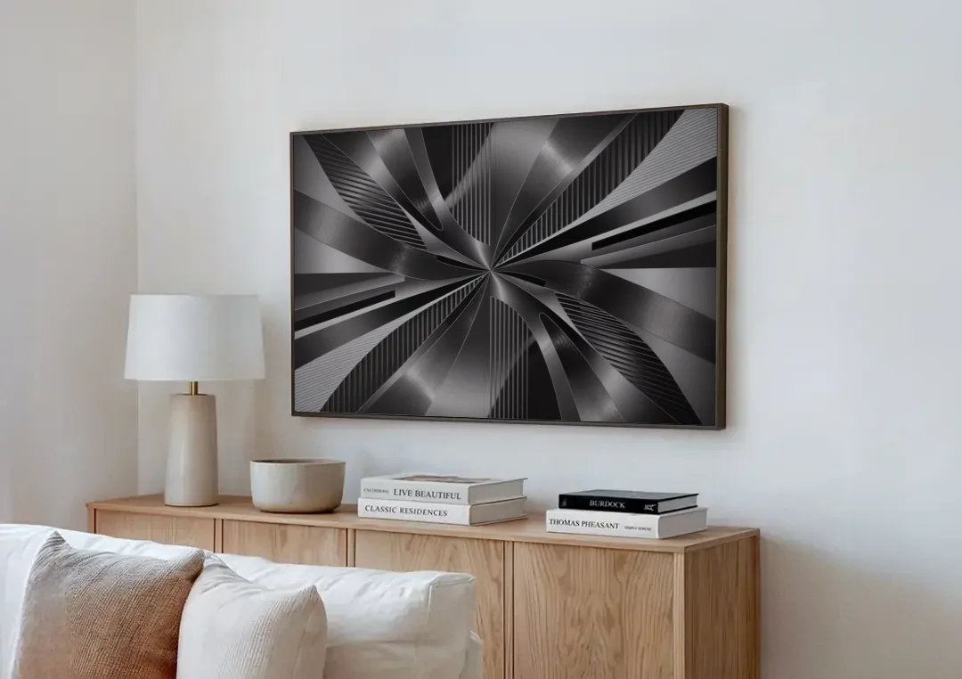 Luxurious Fluidity Black and Grey Abstract canvas wall art above a wooden sideboard next to a sofa