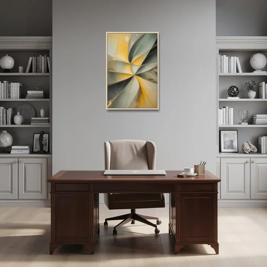 Luxurious Forms Yellow and Grey Abstract - Oak Framed Canvas Wall Art - Office - 24x36