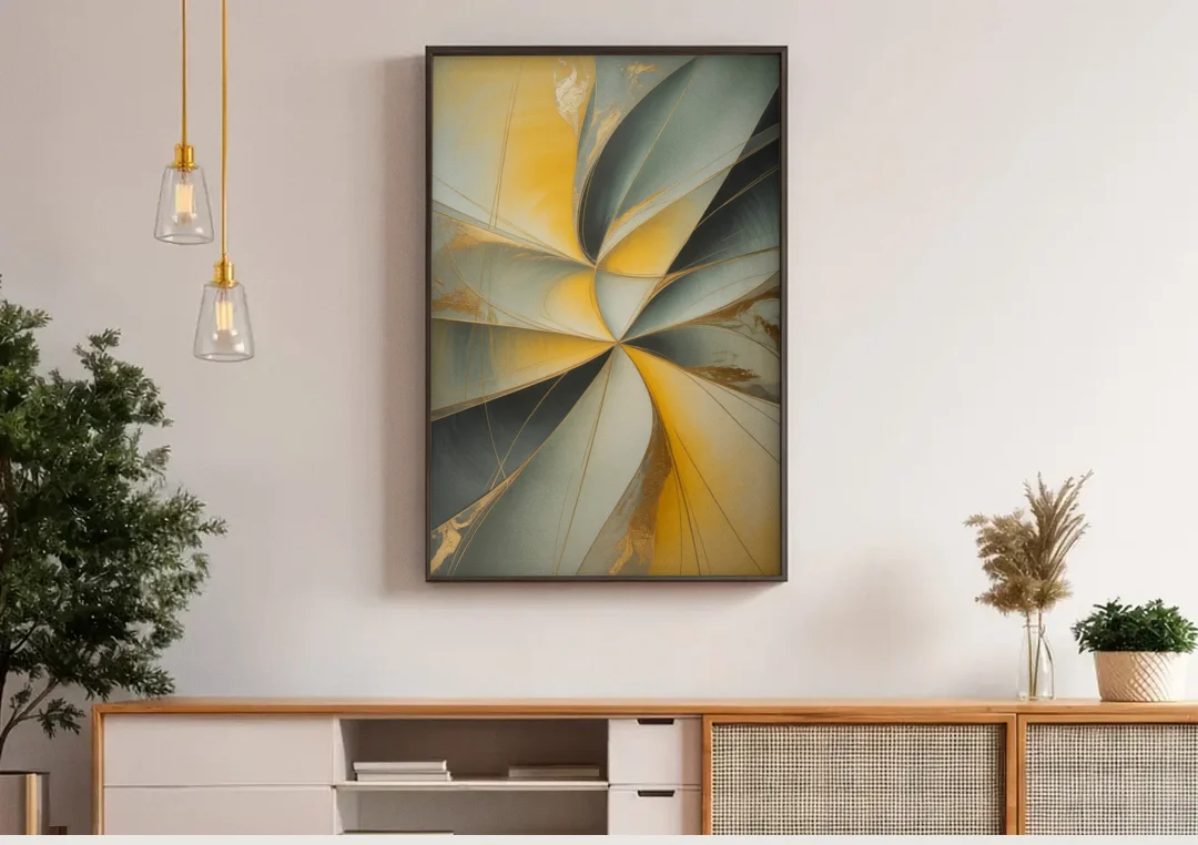 Luxurious Forms Yellow and Grey Abstract canvas wall art above a wooden sideboard under pendant lights
