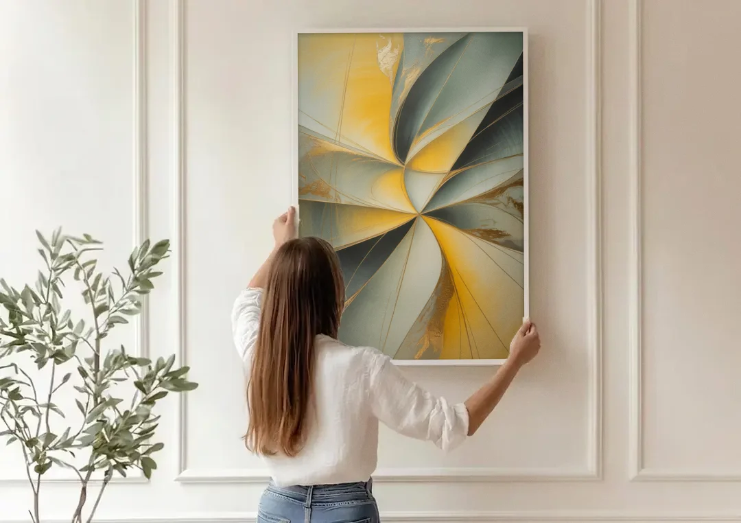 Luxurious Forms Yellow and Grey Abstract canvas wall art being hung on a paneled wall