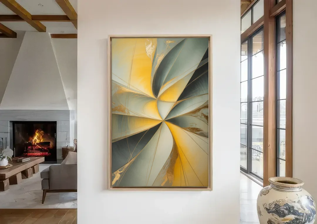 Luxurious Forms Yellow and Grey Abstract canvas wall art in a living room with a fireplace