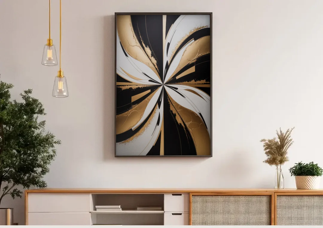Luxurious Geometric Elegance canvas wall art above a wooden sideboard under pendant lights