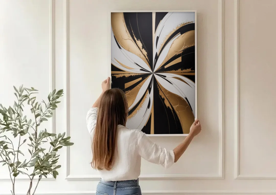 Luxurious Geometric Elegance canvas wall art being hung on a paneled wall