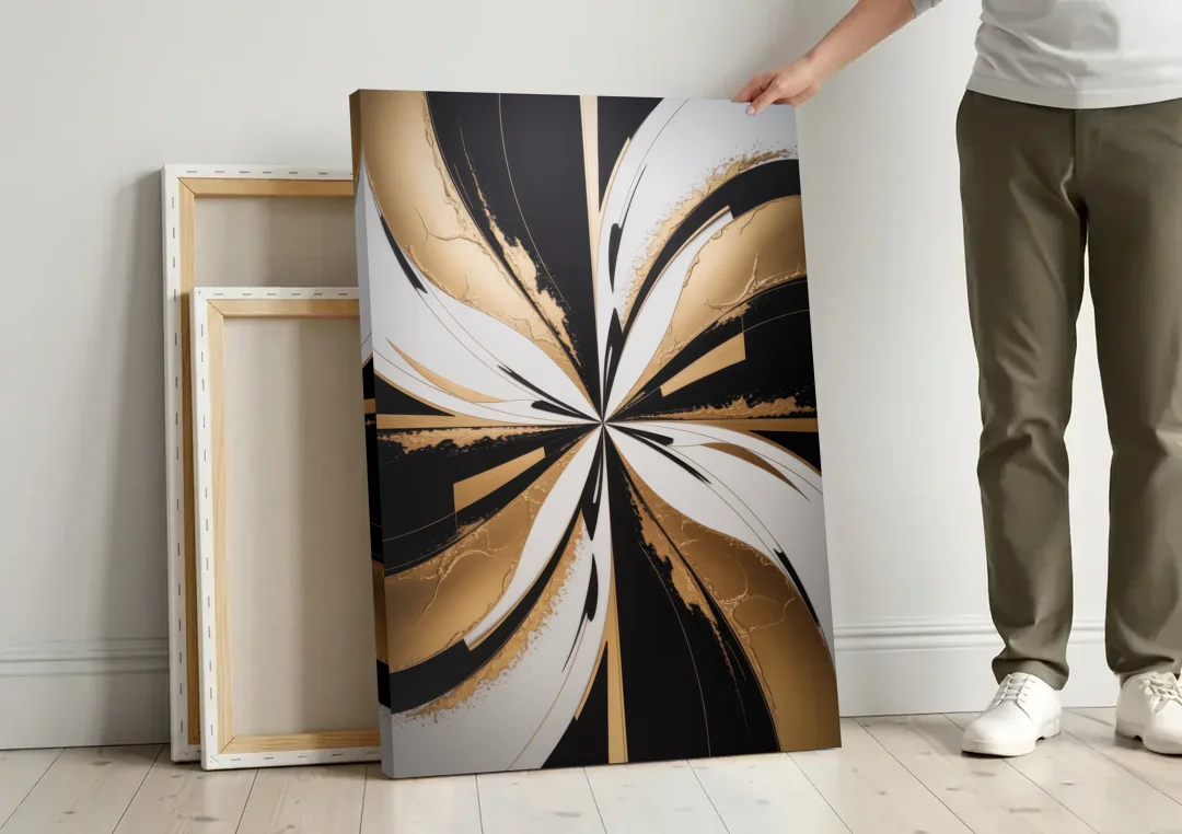 Luxurious Geometric Elegance canvas wall art leaning against a wall next to blank canvases