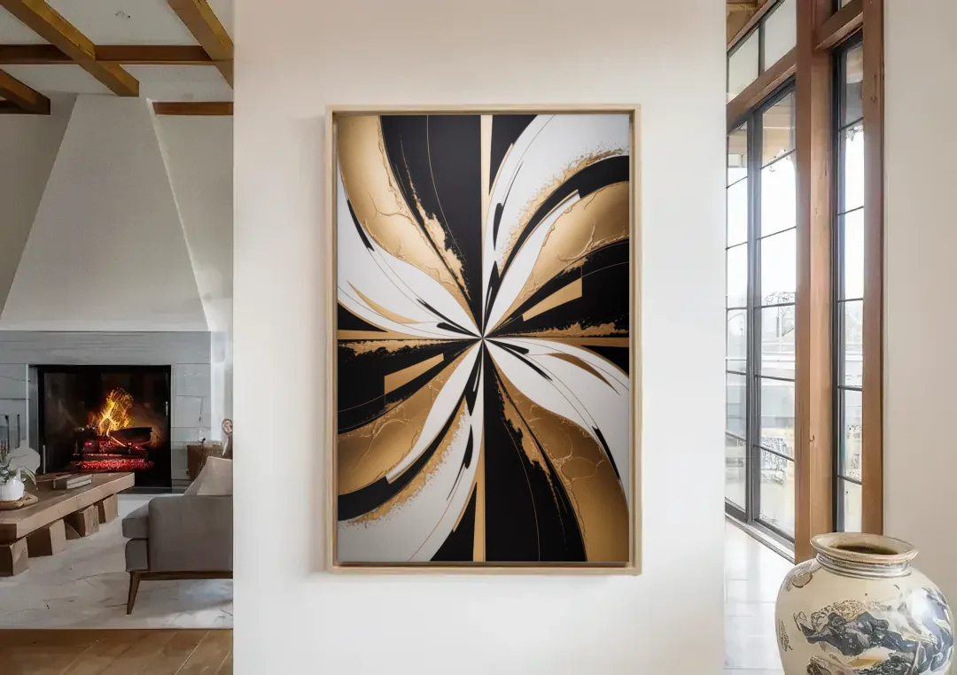 Luxurious Geometric Elegance canvas wall art in a living room with a fireplace