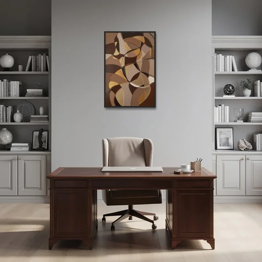 Luxurious Geometric Harmony Brown Abstract - Black Framed Canvas Wall Art - Office - 24x36