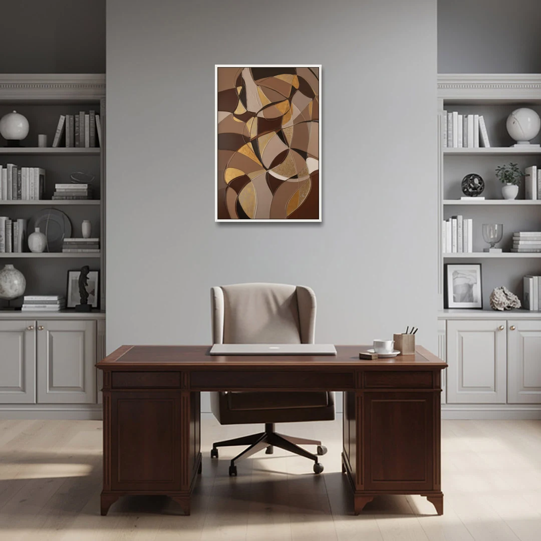 Luxurious Geometric Harmony Brown Abstract - White Framed Canvas Wall Art - Office - 24x36