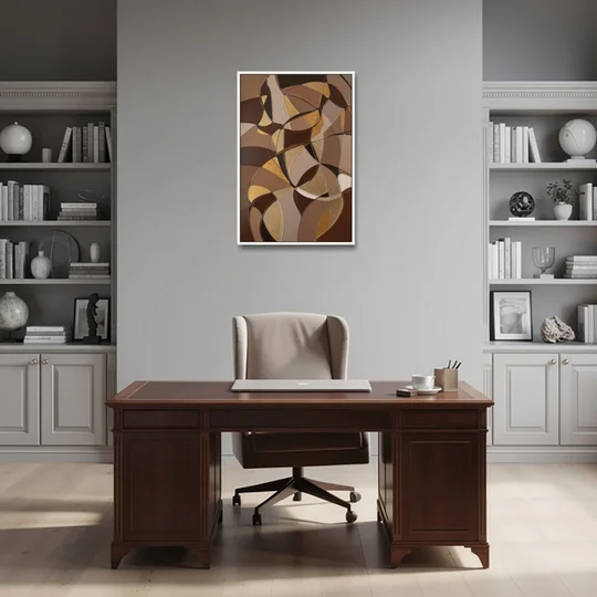 Luxurious Geometric Harmony Brown Abstract - White Framed Canvas Wall Art - Office - 24x36