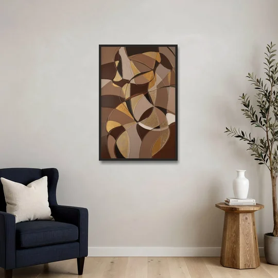 Luxurious Geometric Harmony Brown Abstract - Black Framed Canvas Wall Art - Sofa - 24x36