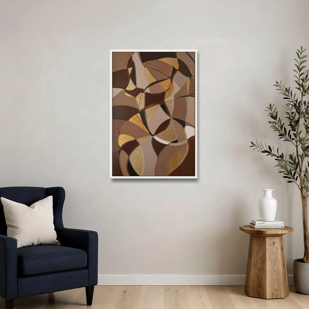 Luxurious Geometric Harmony Brown Abstract - White Framed Canvas Wall Art - Sofa - 24x36