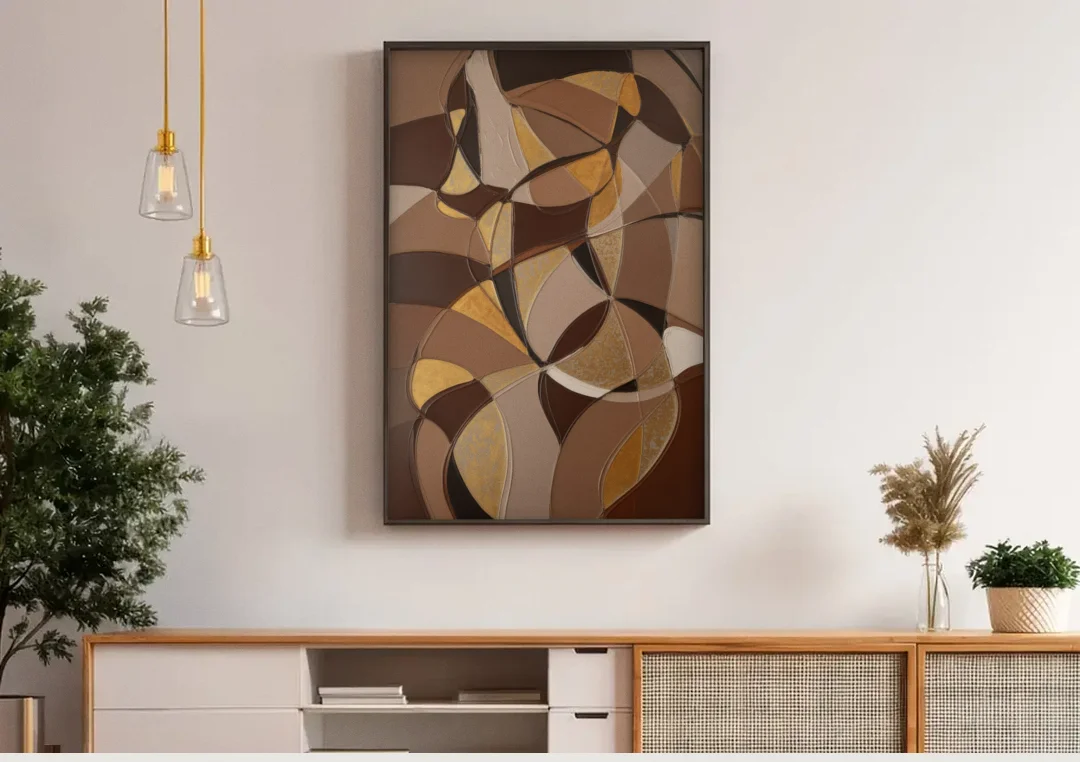 Luxurious Geometric Harmony Brown Abstract canvas wall art above a wooden sideboard under pendant lights