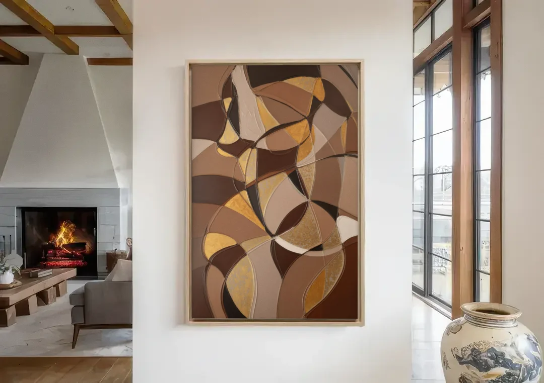Luxurious Geometric Harmony Brown Abstract canvas wall art in a living room with a fireplace