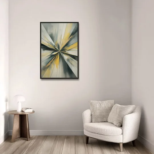 Luxurious Geometric Yellow and Grey Abstract - Black Framed Canvas Wall Art - Sofa - 24x36