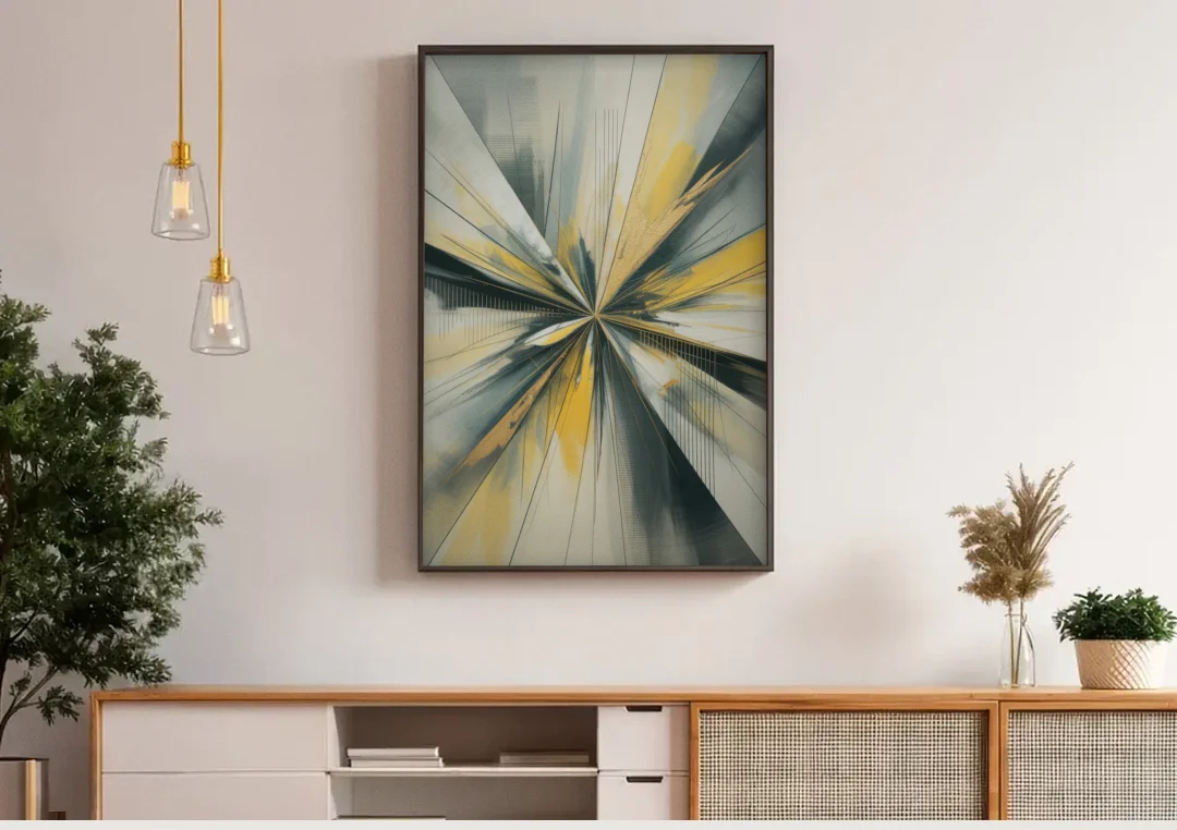 Luxurious Geometric Yellow and Grey Abstract canvas wall art above a wooden sideboard under pendant lights