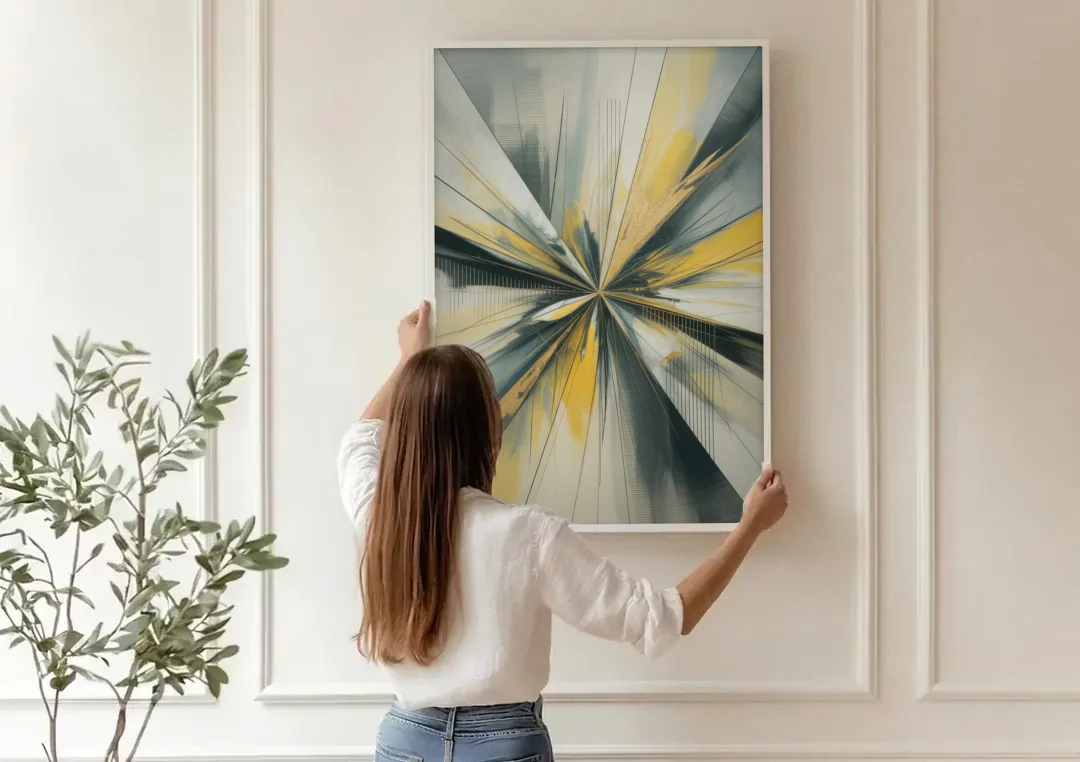 Luxurious Geometric Yellow and Grey Abstract canvas wall art being hung on a paneled wall