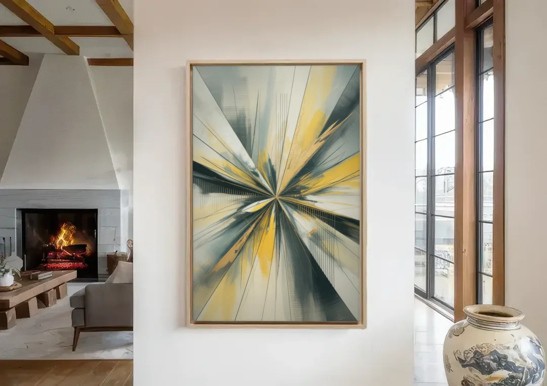 Luxurious Geometric Yellow and Grey Abstract canvas wall art in a living room with a fireplace