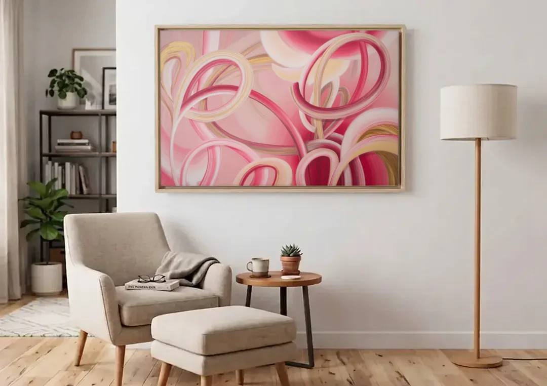 Luxurious Interwoven Pink Abstract canvas wall art above an armchair in a bright living room