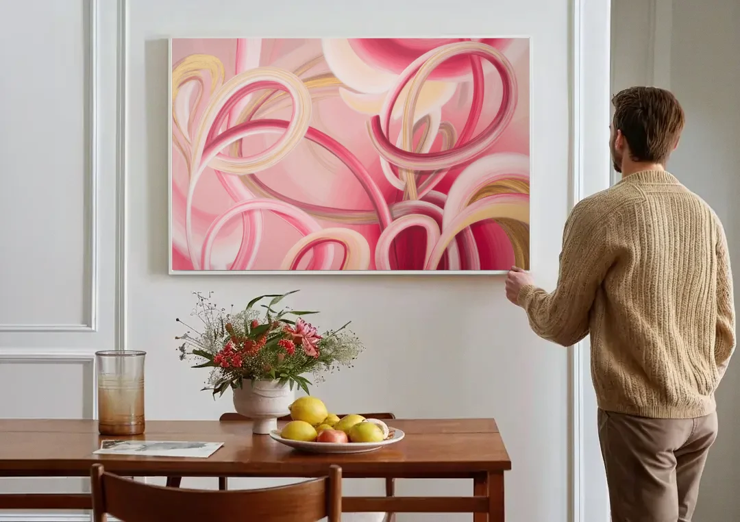 Luxurious Interwoven Pink Abstract canvas wall art above a dining table
