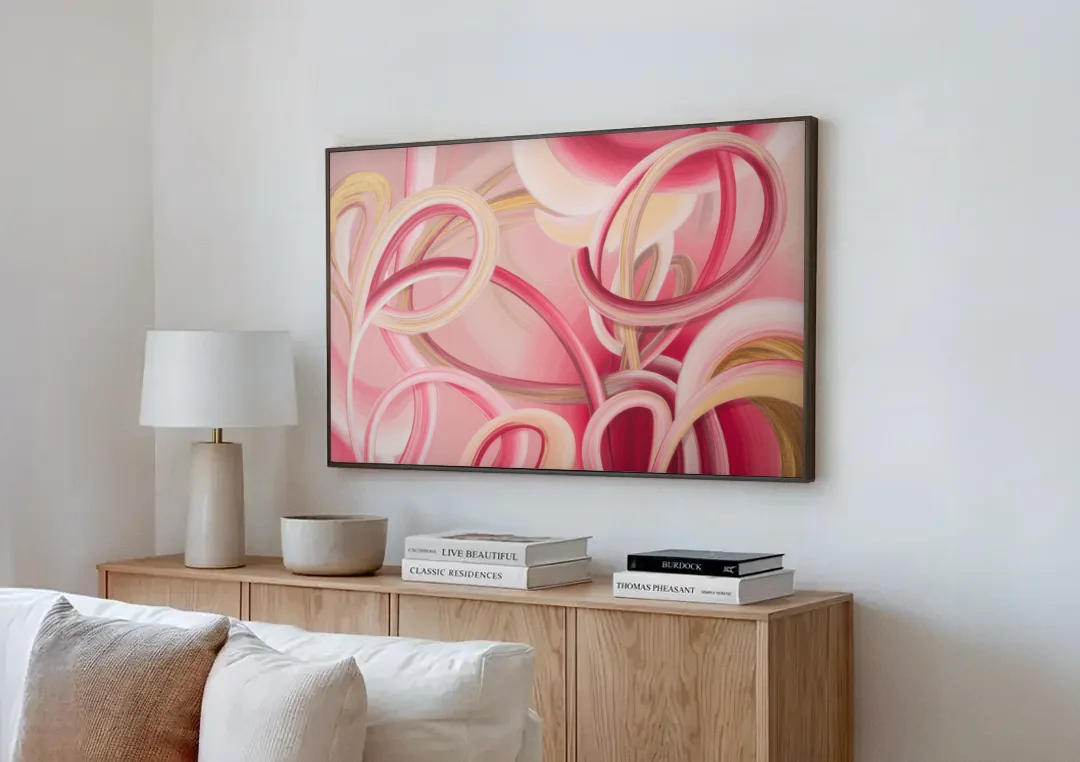 Luxurious Interwoven Pink Abstract canvas wall art above a wooden sideboard next to a sofa