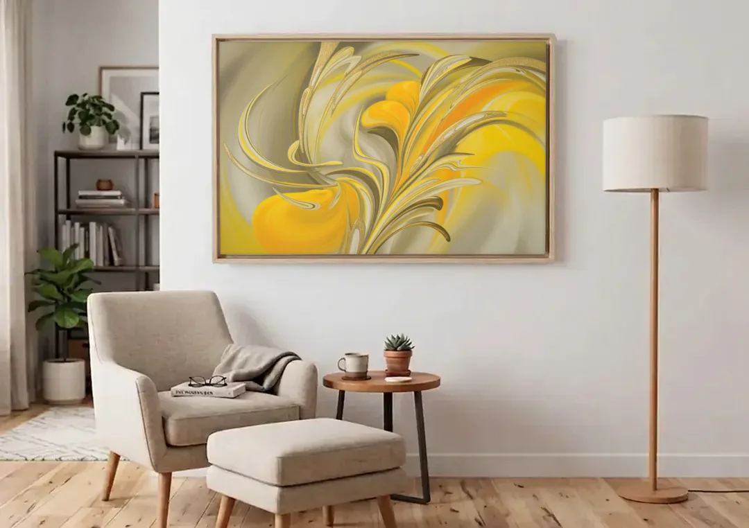Luxurious Motion Yellow Abstract canvas wall art above an armchair in a bright living room