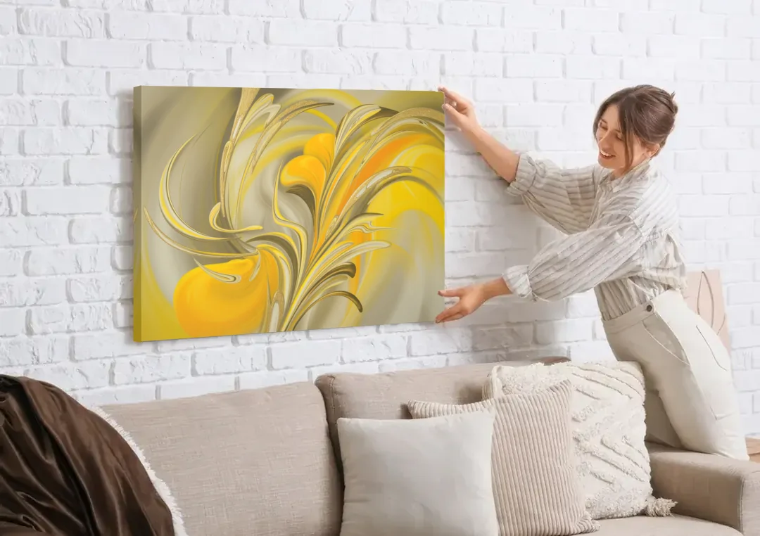 Luxurious Motion Yellow Abstract canvas wall art being hung on a white brick wall above a sofa