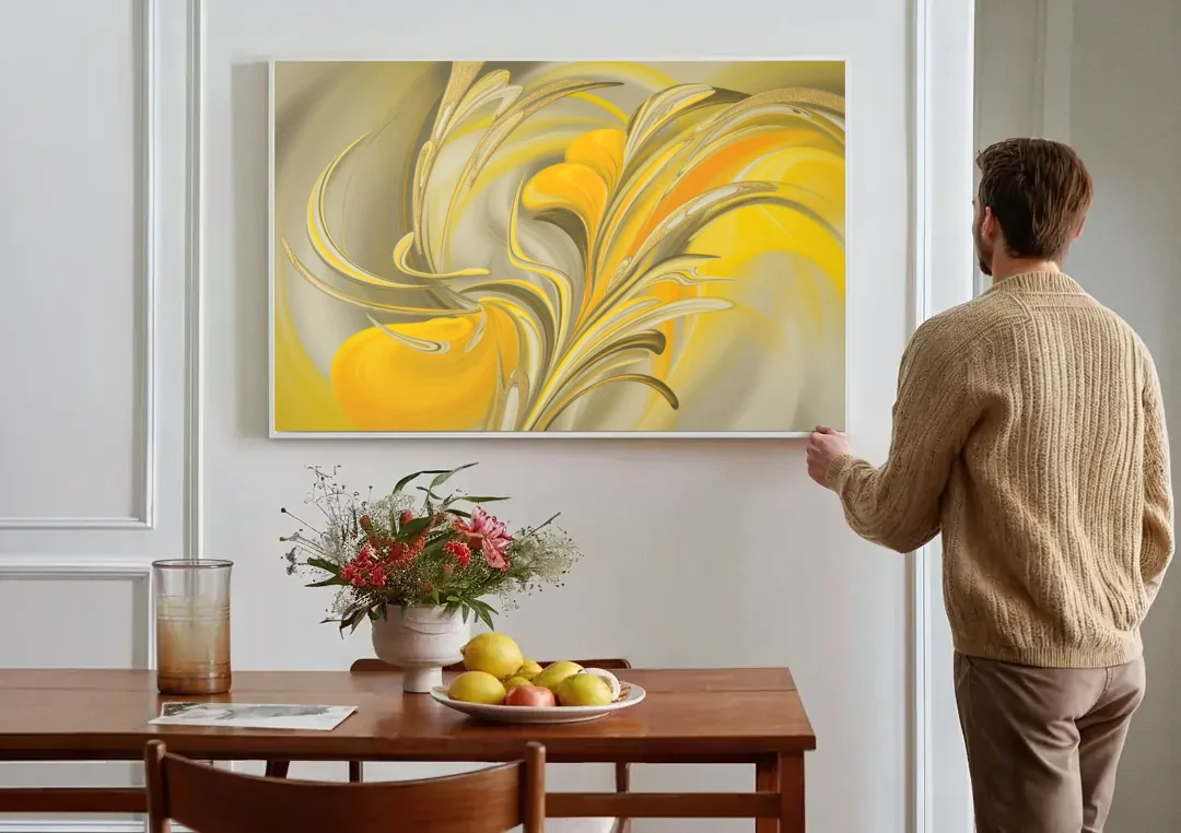 Luxurious Motion Yellow Abstract canvas wall art above a dining table