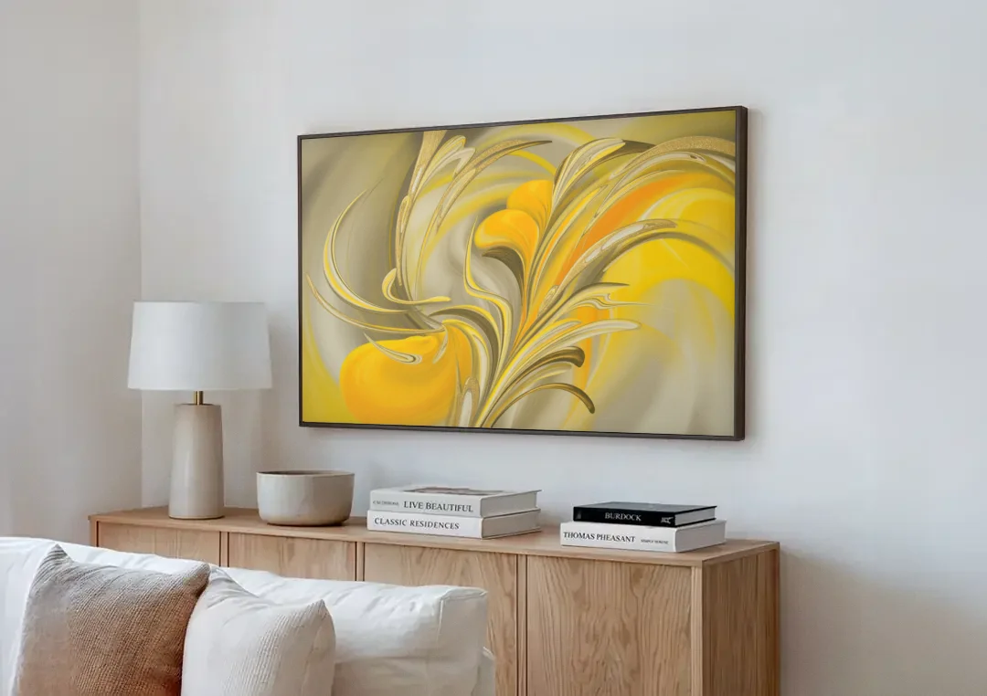 Luxurious Motion Yellow Abstract canvas wall art above a wooden sideboard next to a sofa