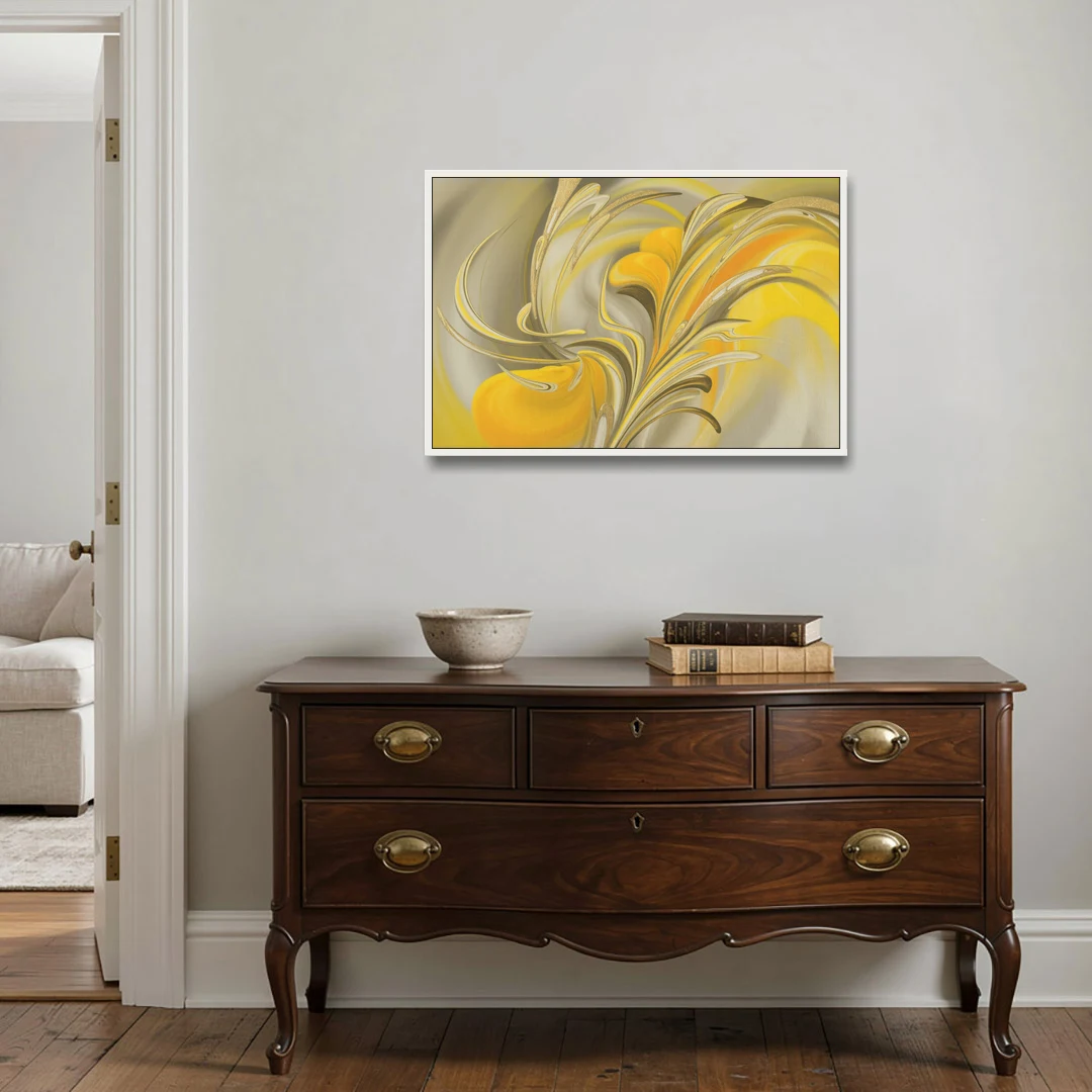 Luxurious Motion Yellow Abstract - White Framed Canvas Wall Art - Coffee Table - 36x24