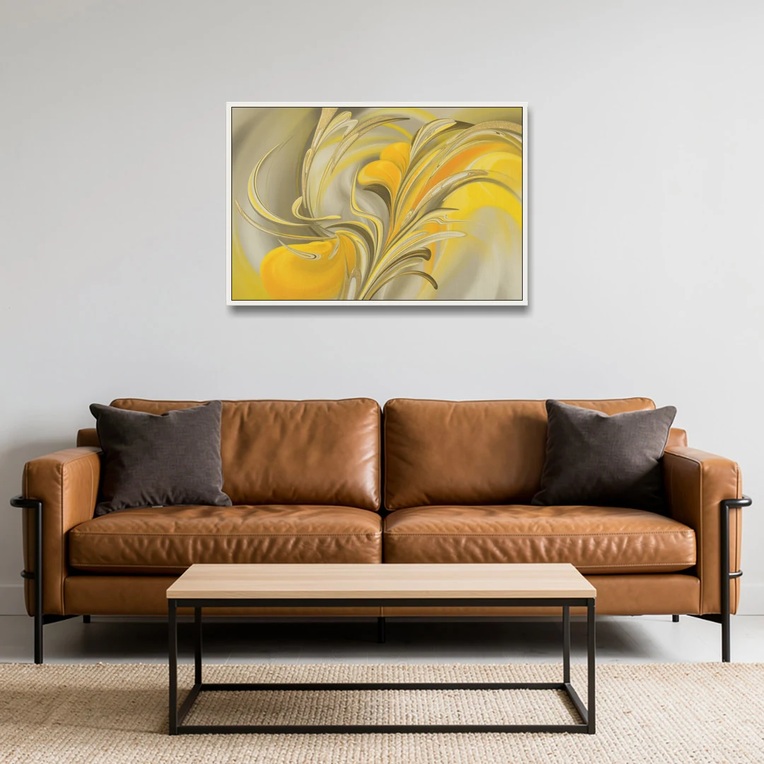 Luxurious Motion Yellow Abstract - White Framed Canvas Wall Art - Sofa - 36x24