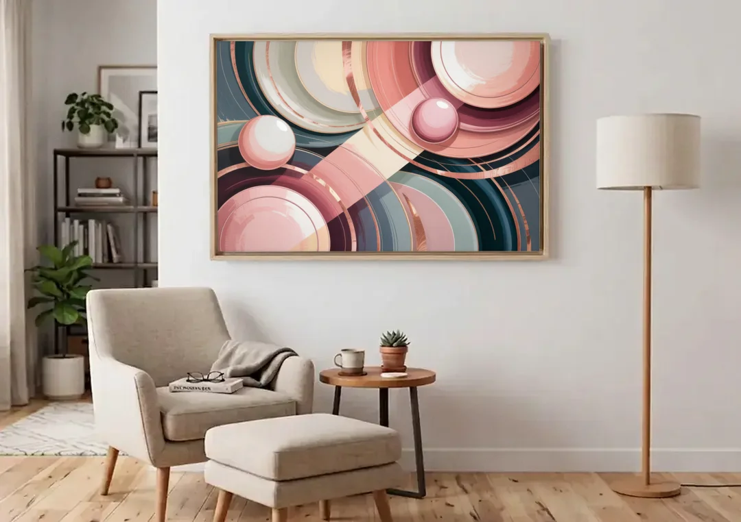 Luxurious Rhythms in Pink and Grey Abstract canvas wall art above an armchair in a bright living room