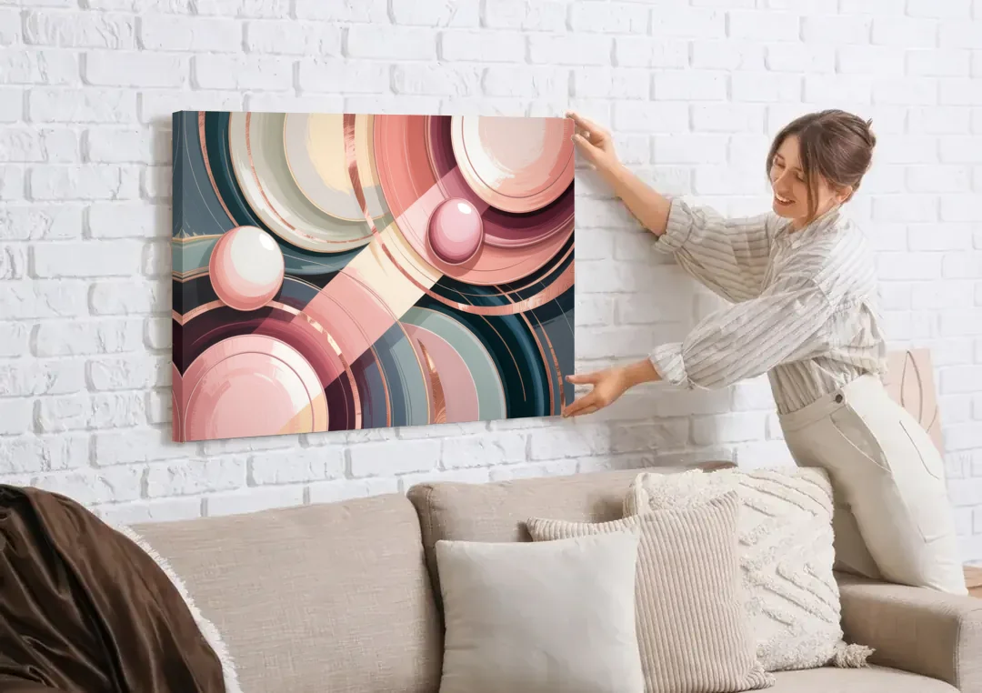 Luxurious Rhythms in Pink and Grey Abstract canvas wall art being hung on a white brick wall above a sofa