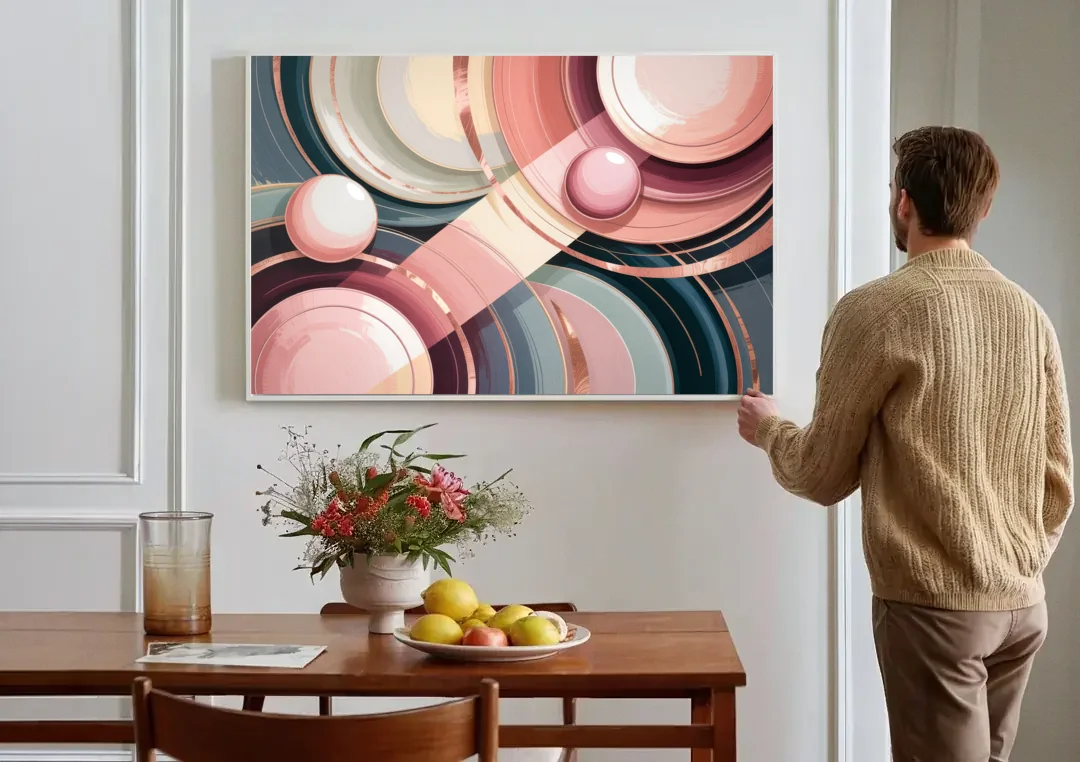 Luxurious Rhythms in Pink and Grey Abstract canvas wall art above a dining table