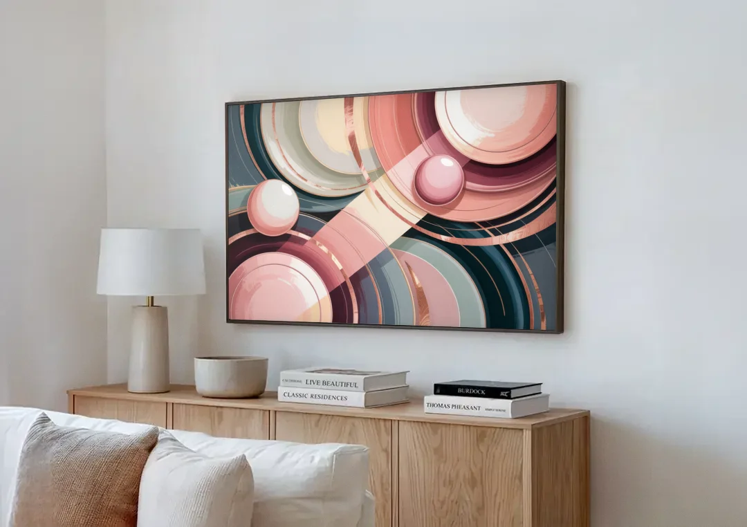 Luxurious Rhythms in Pink and Grey Abstract canvas wall art above a wooden sideboard next to a sofa