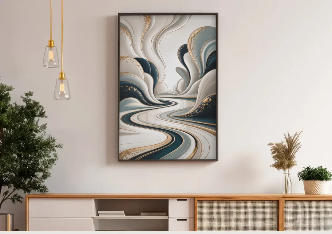 Luxurious Serenity White Abstract canvas wall art above a wooden sideboard under pendant lights