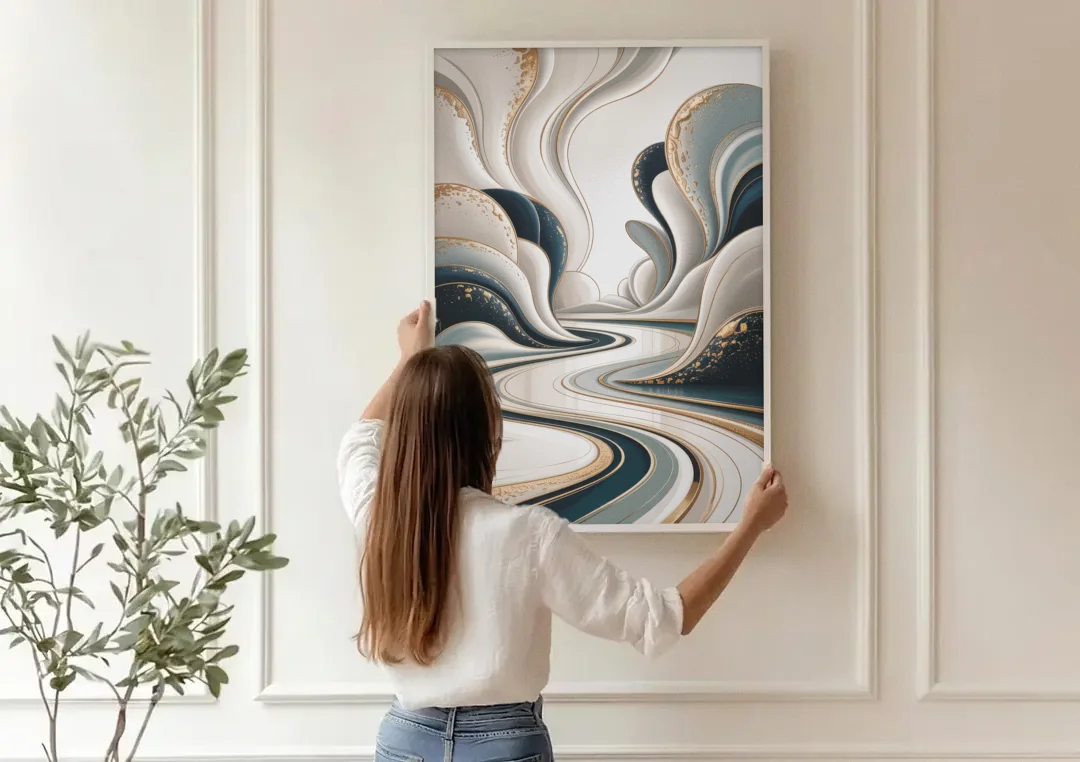 Luxurious Serenity White Abstract canvas wall art being hung on a paneled wall