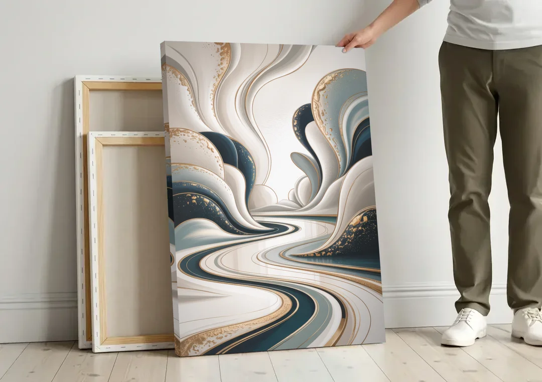 Luxurious Serenity White Abstract canvas wall art leaning against a wall next to blank canvases