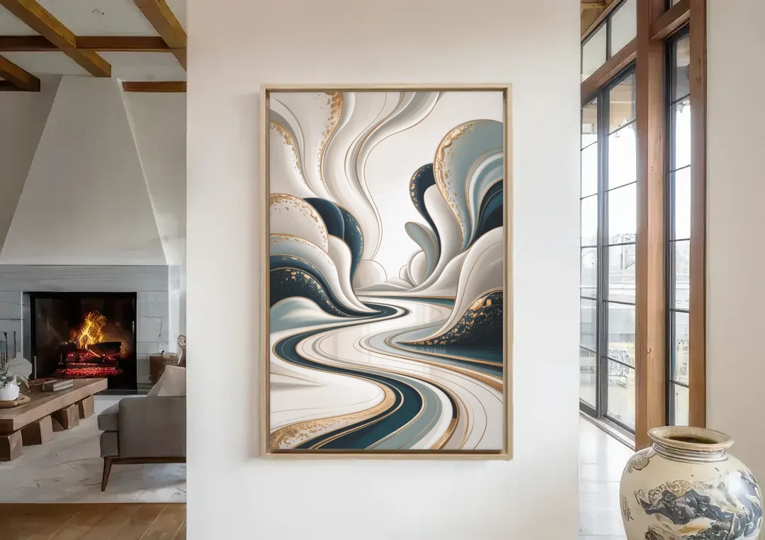 Luxurious Serenity White Abstract canvas wall art in a living room with a fireplace