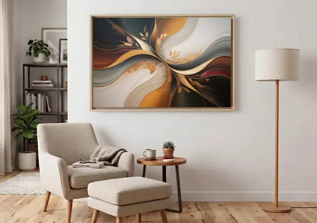 Luxuriously Textured Brown Abstract canvas wall art above an armchair in a bright living room