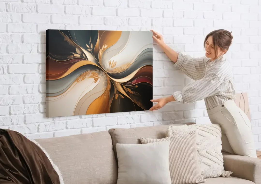 Luxuriously Textured Brown Abstract canvas wall art being hung on a white brick wall above a sofa