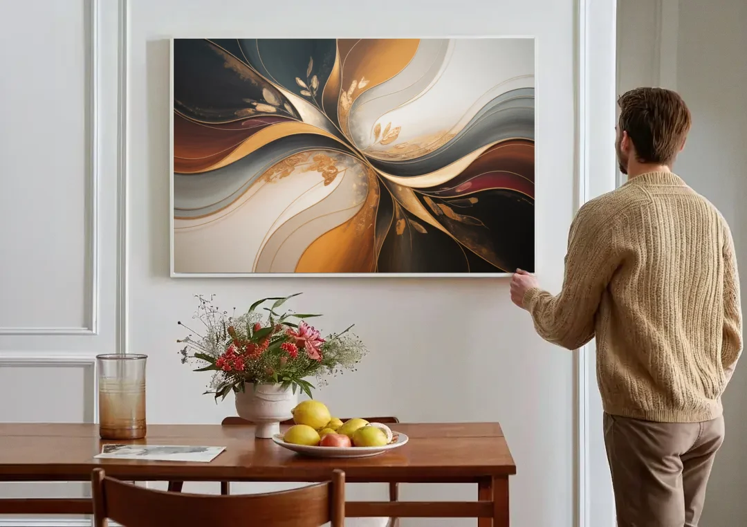 Luxuriously Textured Brown Abstract canvas wall art above a dining table