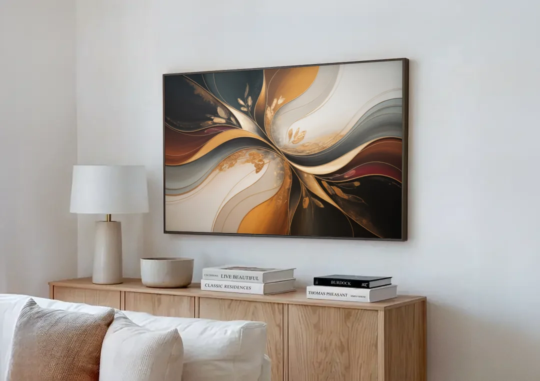 Luxuriously Textured Brown Abstract canvas wall art above a wooden sideboard next to a sofa