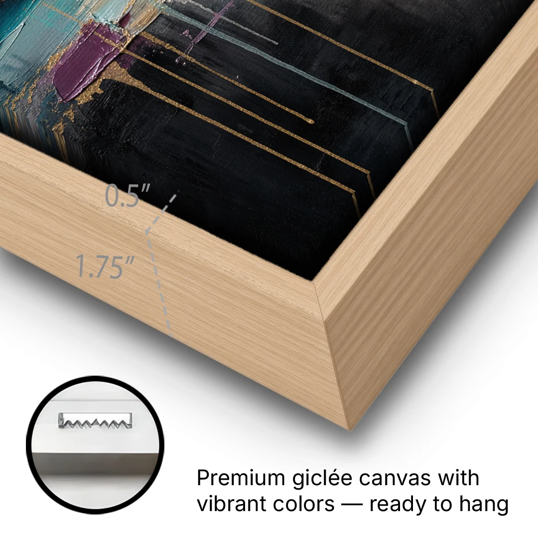 Luxury Abstract Gilded Moonrise Over Teal - Oak Framed Canvas Wall Art - Gallery Wrap Corner