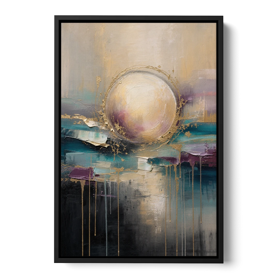 Luxury Abstract Gilded Moonrise Over Teal - Black Framed Canvas Wall Art - Front