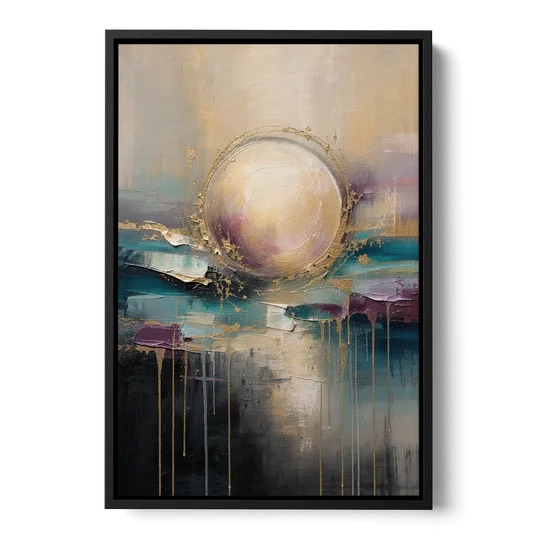 Luxury Abstract Gilded Moonrise Over Teal - Black Framed Canvas Wall Art - Front