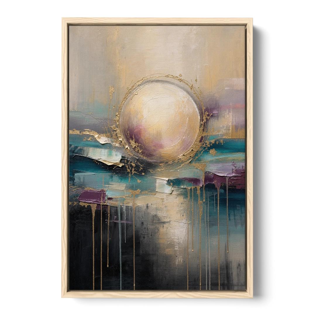 Luxury Abstract Gilded Moonrise Over Teal - Oak Framed Canvas Wall Art - Front