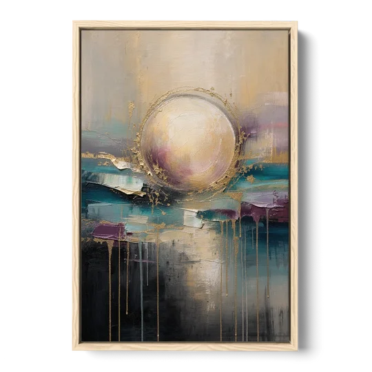Luxury Abstract Gilded Moonrise Over Teal - Oak Framed Canvas Wall Art - Front