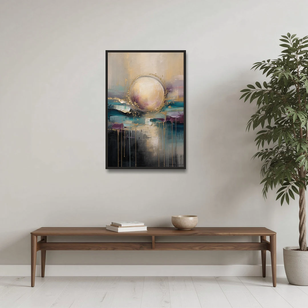 Luxury Abstract Gilded Moonrise Over Teal - Black Framed Canvas Wall Art - Coffee Table - 24x36