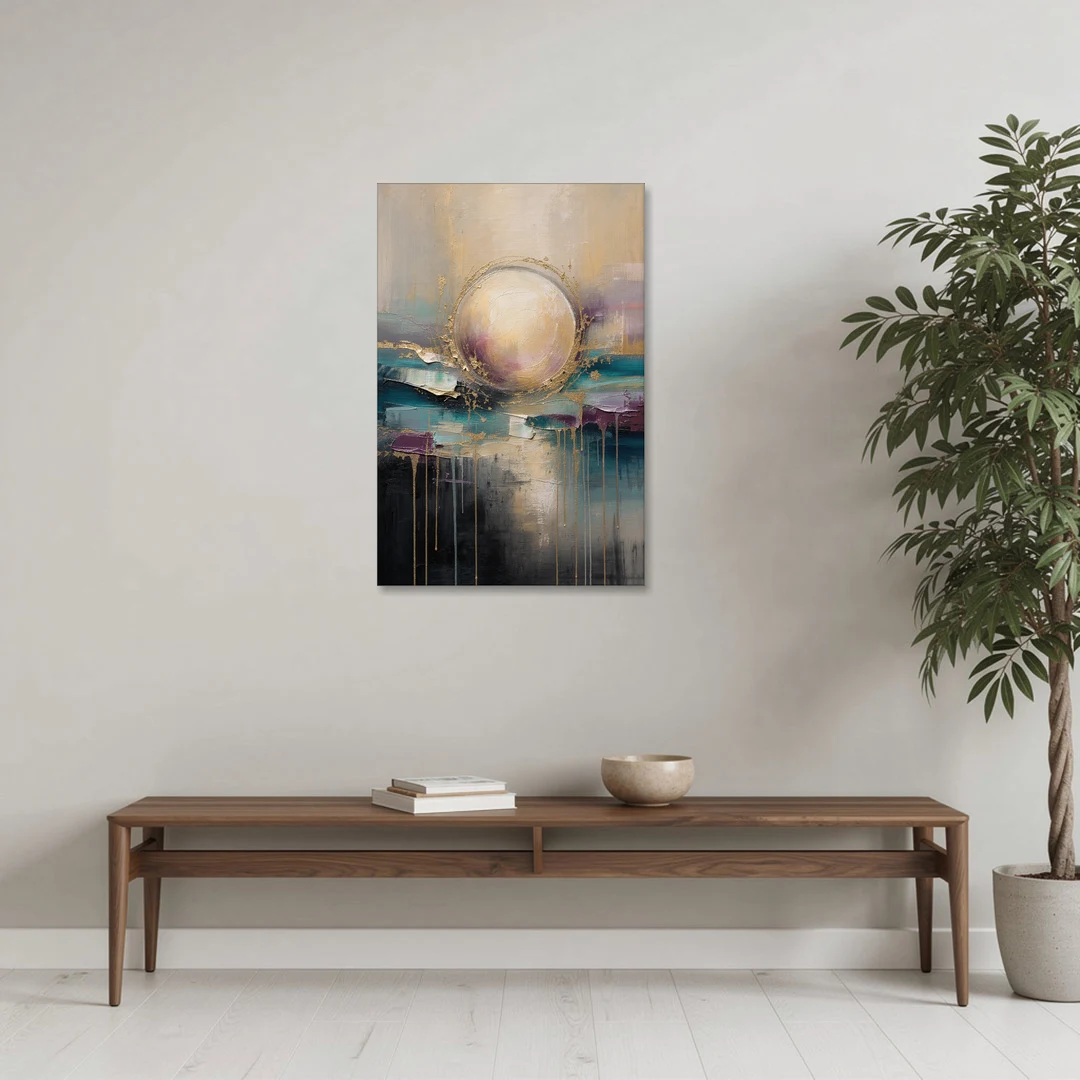 Luxury Abstract Gilded Moonrise Over Teal - Canvas Wall Art - Coffee Table - 24x36