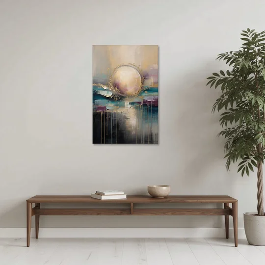 Luxury Abstract Gilded Moonrise Over Teal - Canvas Wall Art - Coffee Table - 24x36