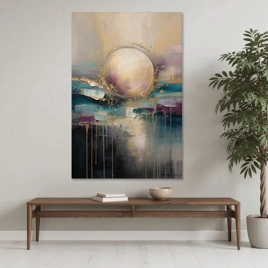 Luxury Abstract Gilded Moonrise Over Teal - Canvas Wall Art - Coffee Table - 40x60